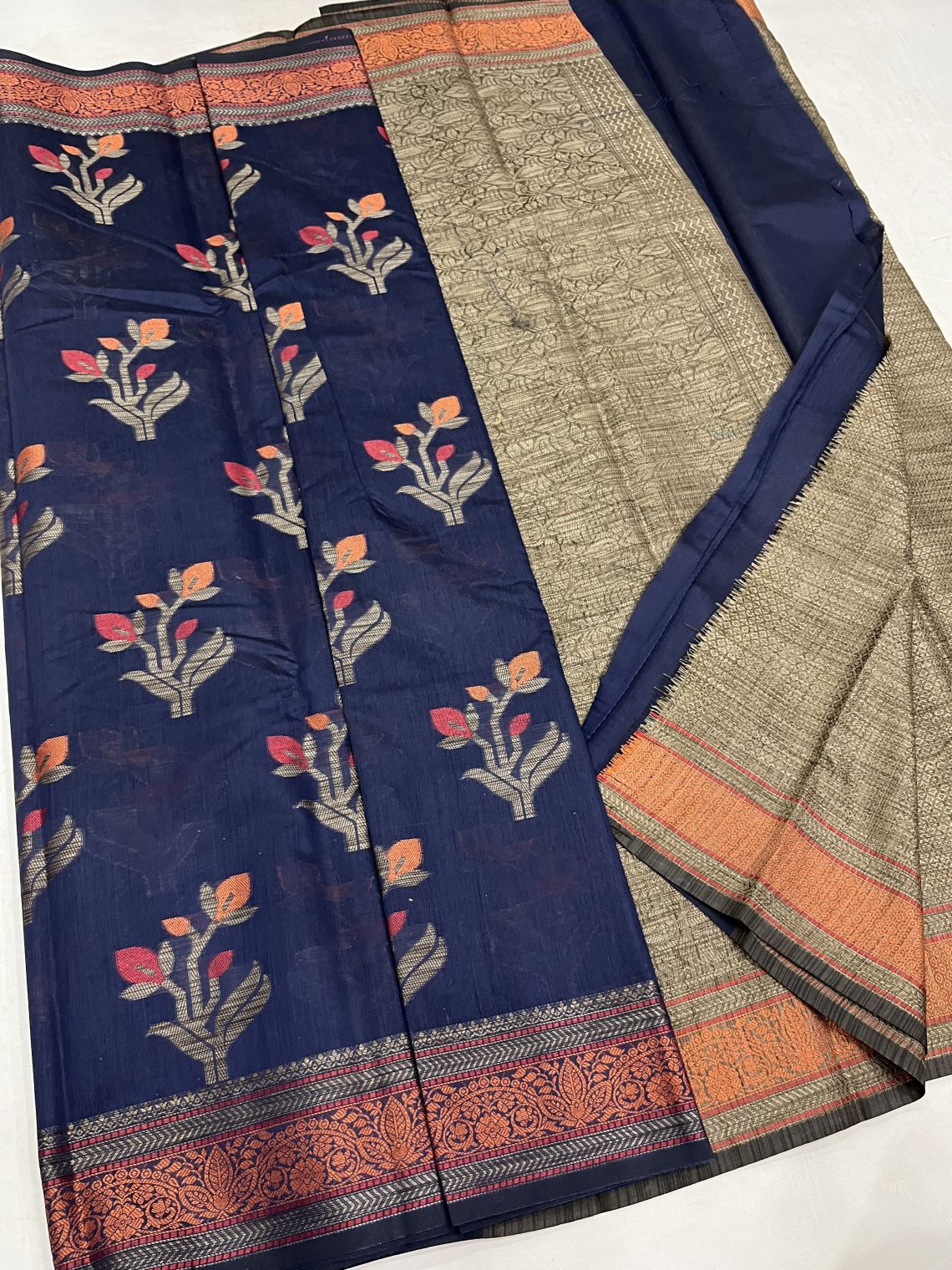 Navy Blue Meena Butta Cotton Saree